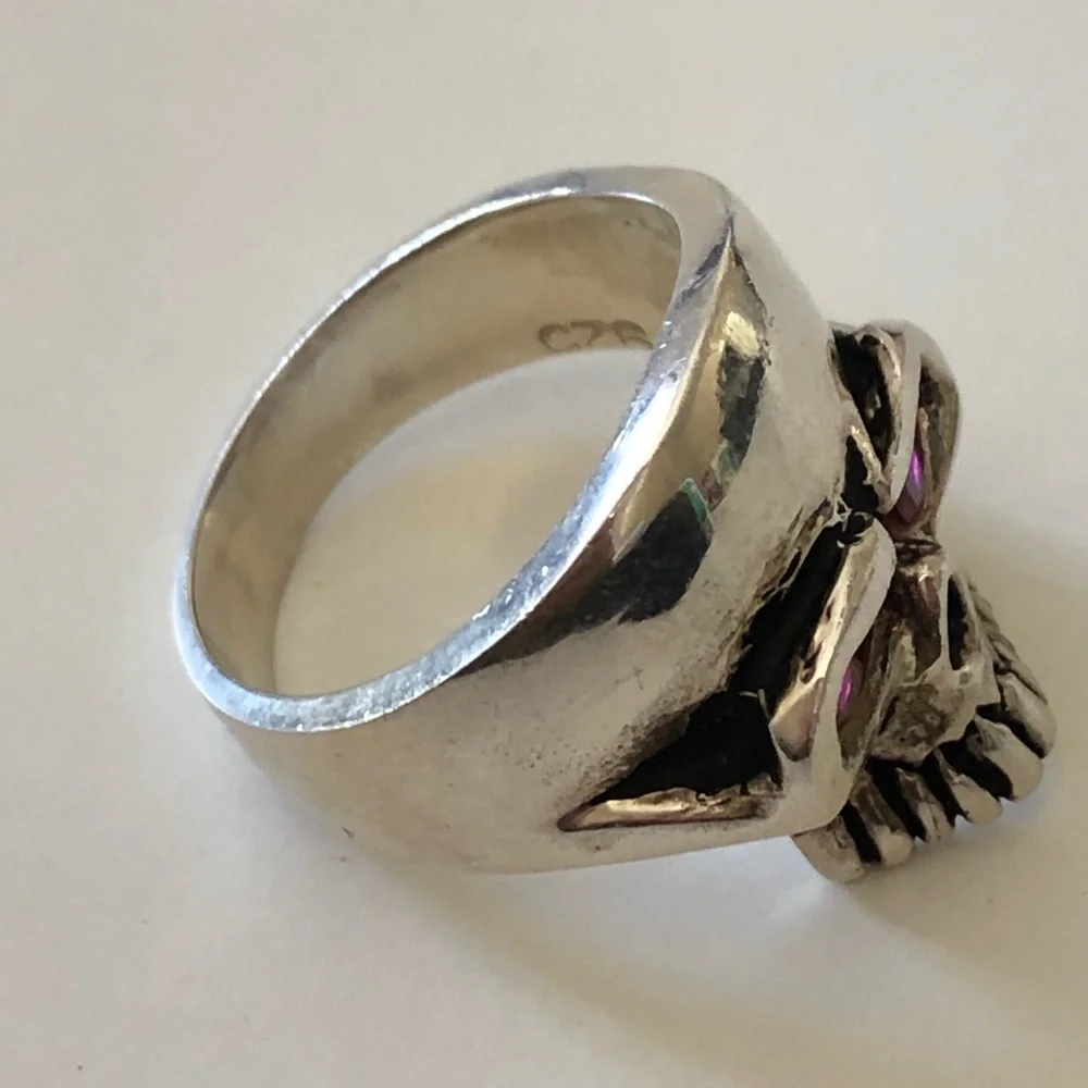 925 sterling silver skull biker ring red cubic zirconia cz stones eyes